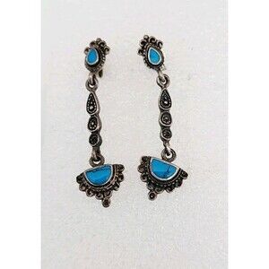 Vintage Sterling Silver 925 Turquoise Marcasite Bar Dangle Earrings